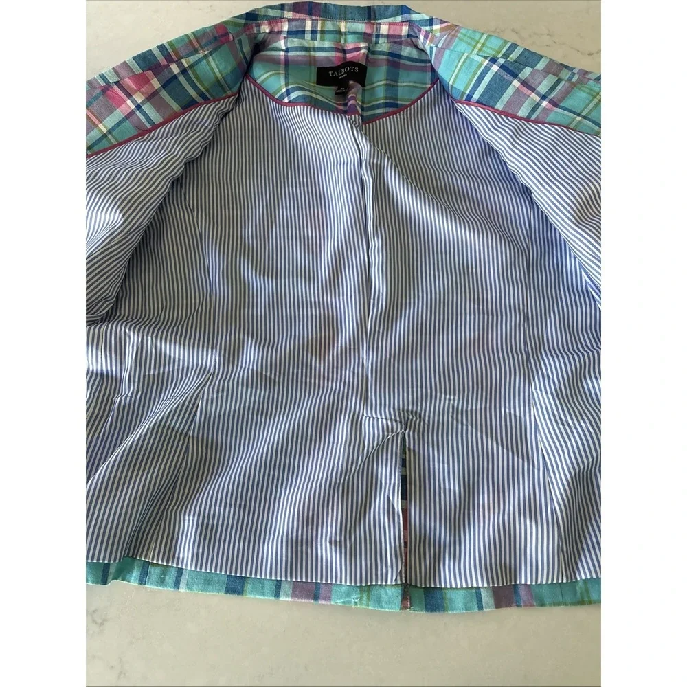 Talbots Womens 4P Madras Plaid Ruffle Sleeve Linen Blazer Teal Pink Plaid Lined
